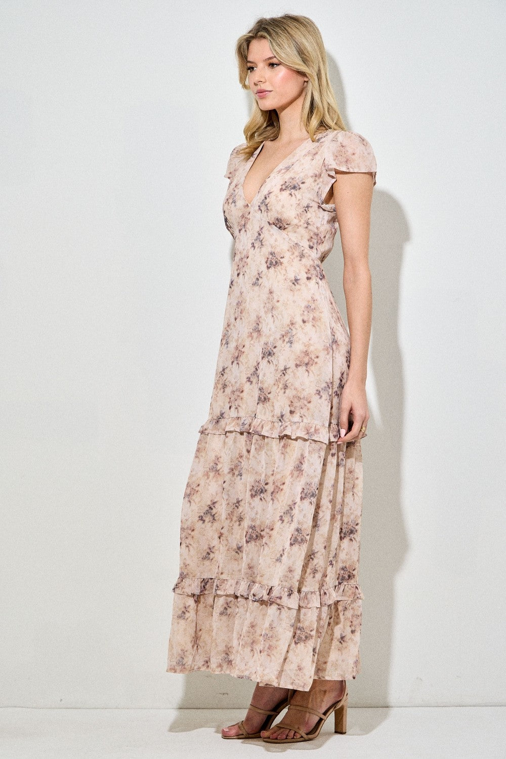 Peach Abstract Print Ruffle Trim Maxi Dress
