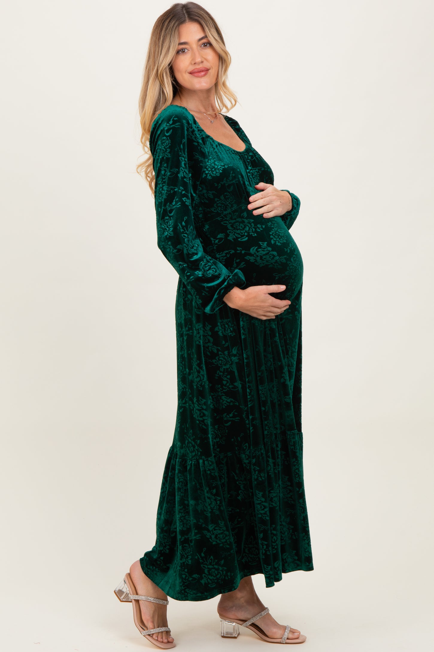 Emerald Green Velvet Jacquard Floral Maternity Maxi Dress