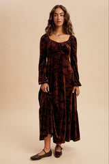 Brown Velvet Jacquard Floral Maxi Dress