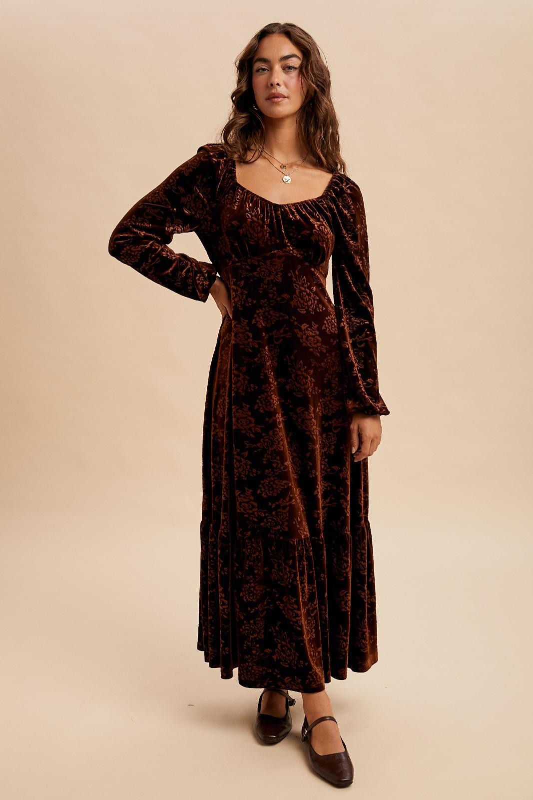 Brown Velvet Jacquard Floral Maxi Dress