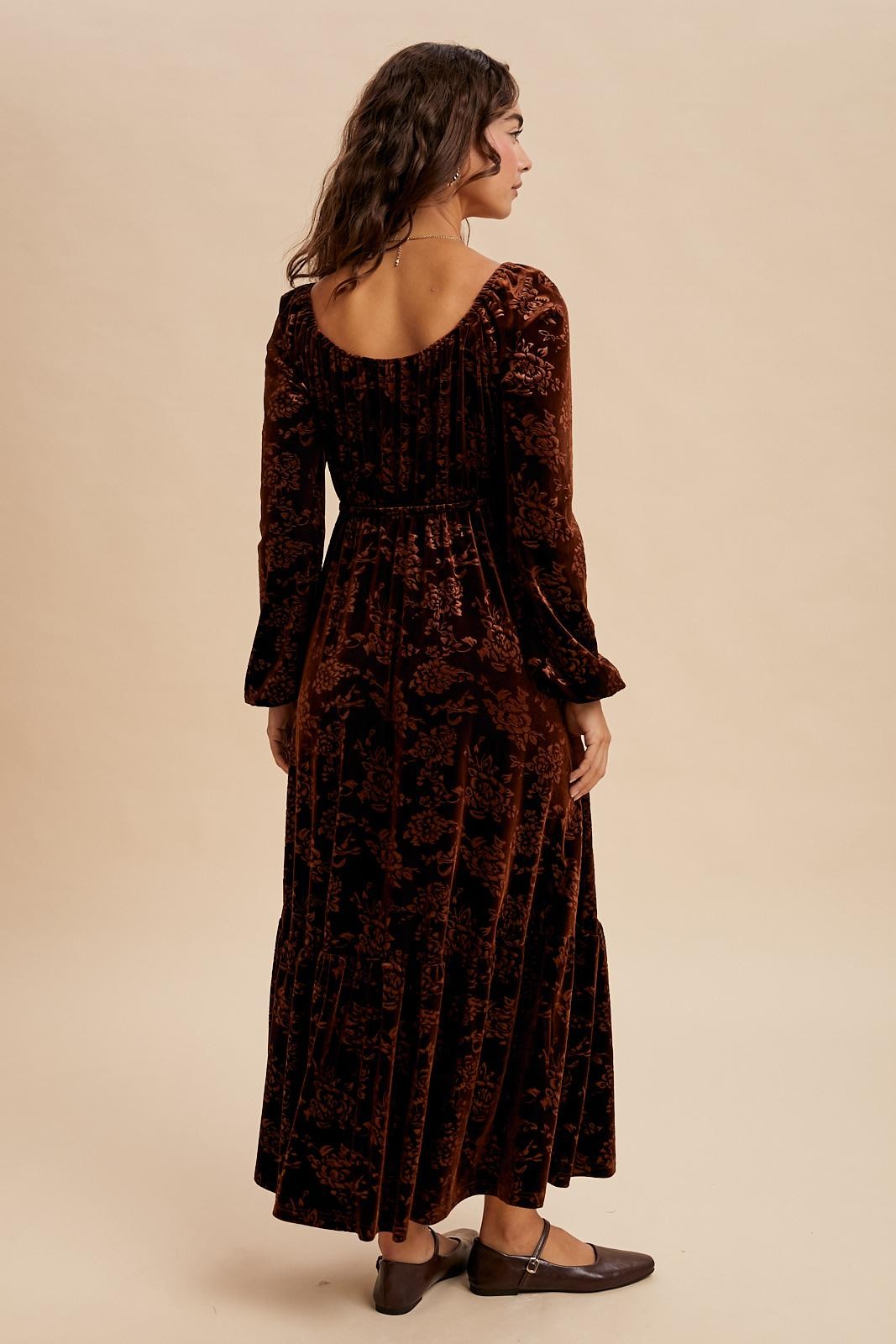 Brown Velvet Jacquard Floral Maxi Dress
