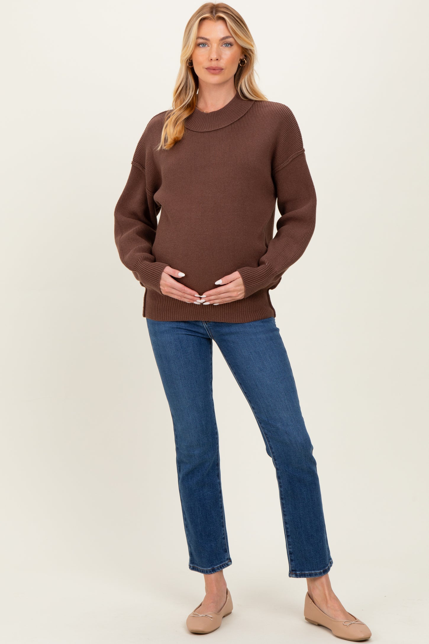 Brown Wide Neck Drop Shoulder Maternity Sweater