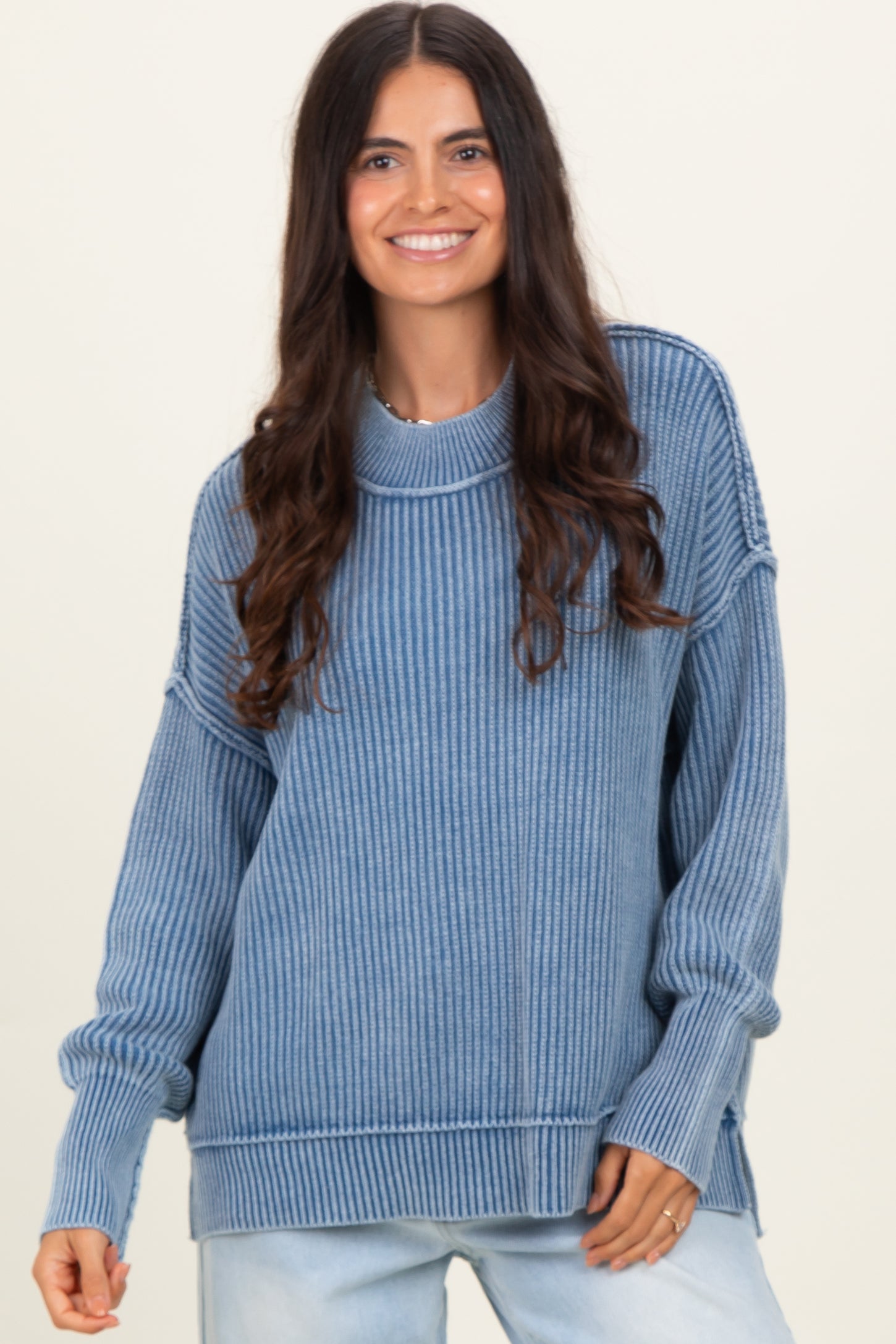 Classic Blue Washed Side Slit Oversized Sweater