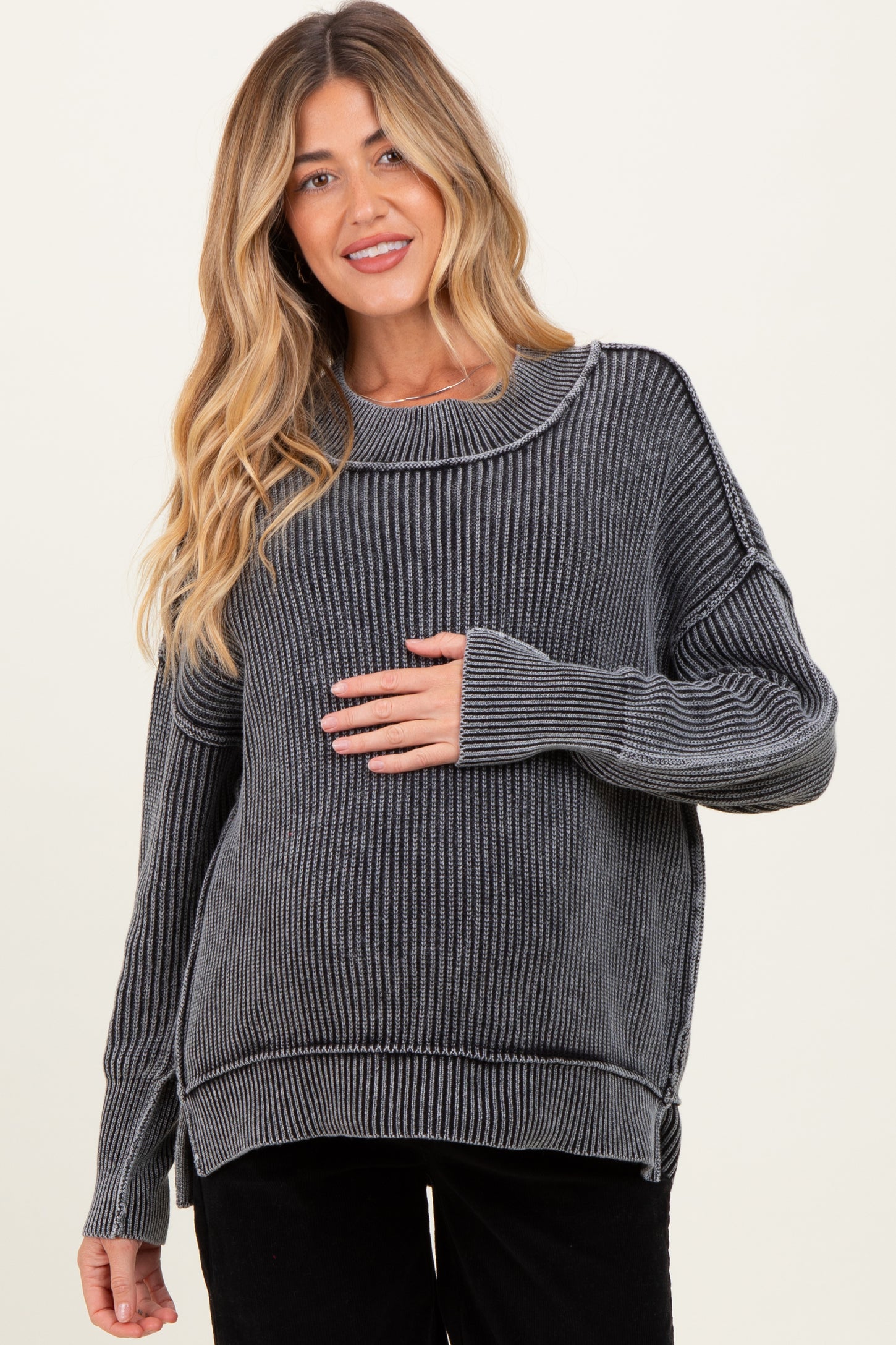 Black Washed Side Slit Oversized Maternity Sweater