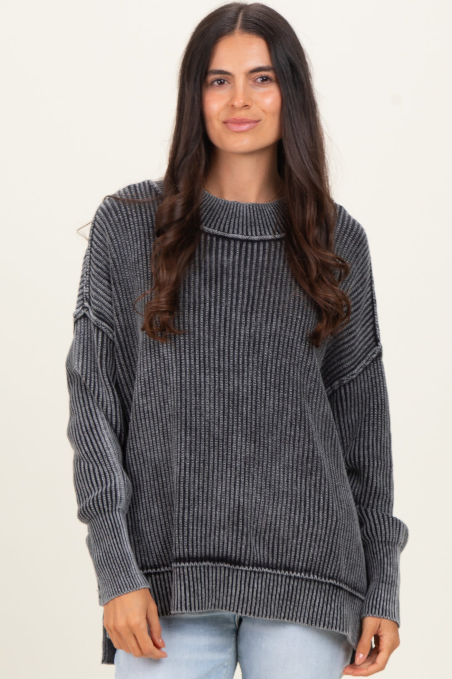 Black Washed Side Slit Oversized Maternity Sweater
