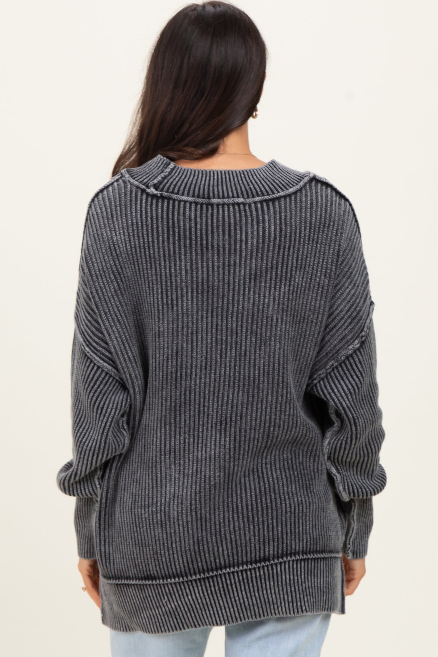 Black Washed Side Slit Oversized Sweater