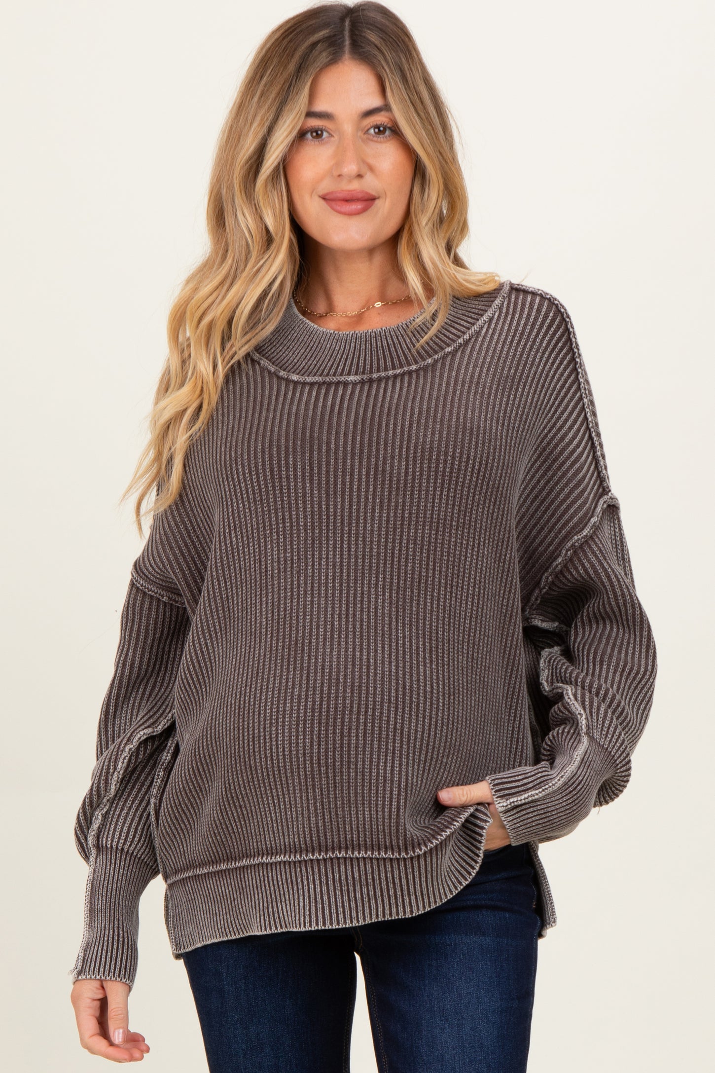 Brown Washed Side Slit Oversized Maternity Sweater