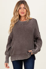 Brown Washed Side Slit Oversized Maternity Sweater