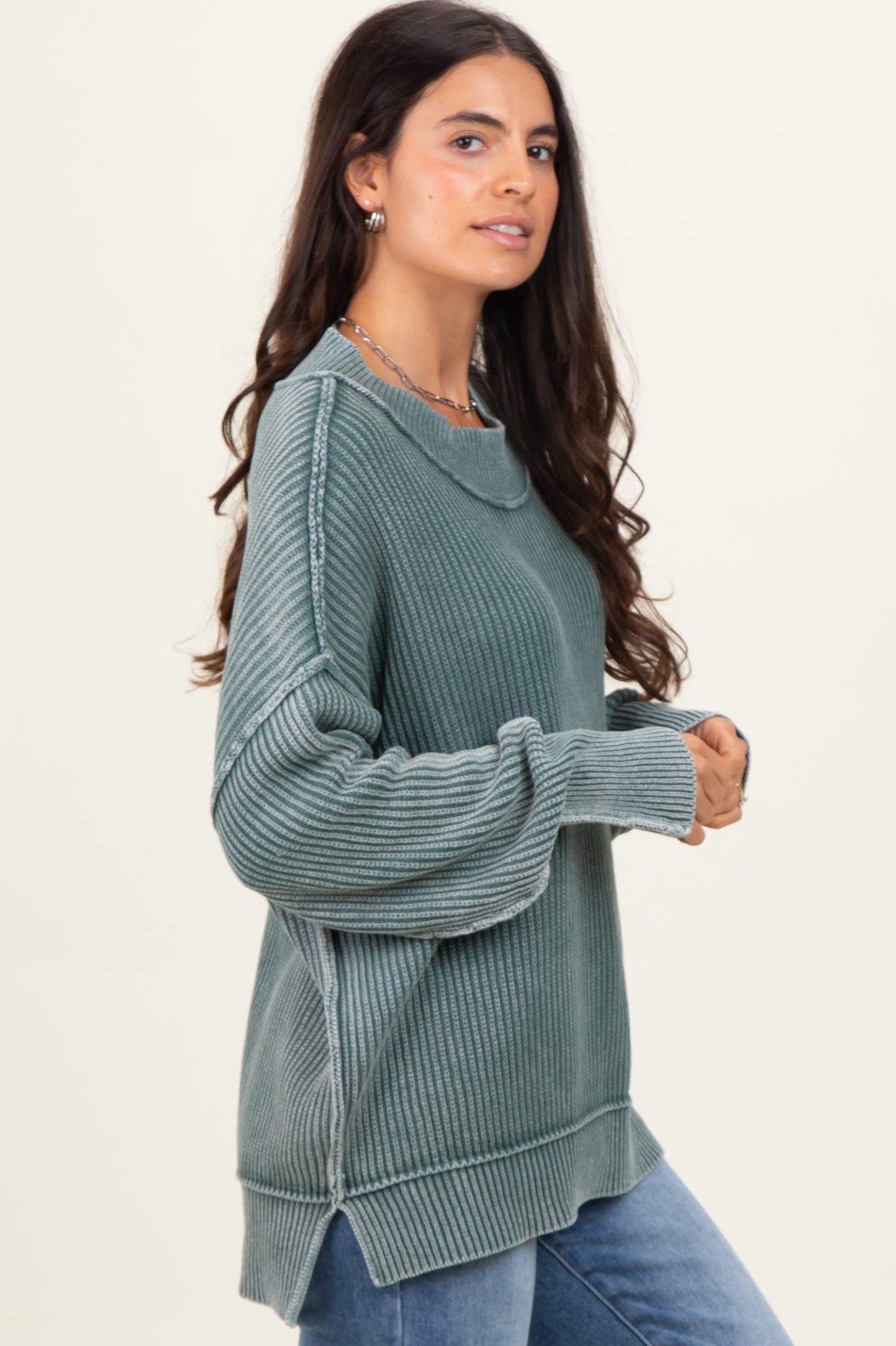 Jade Washed Side Slit Oversized Sweater