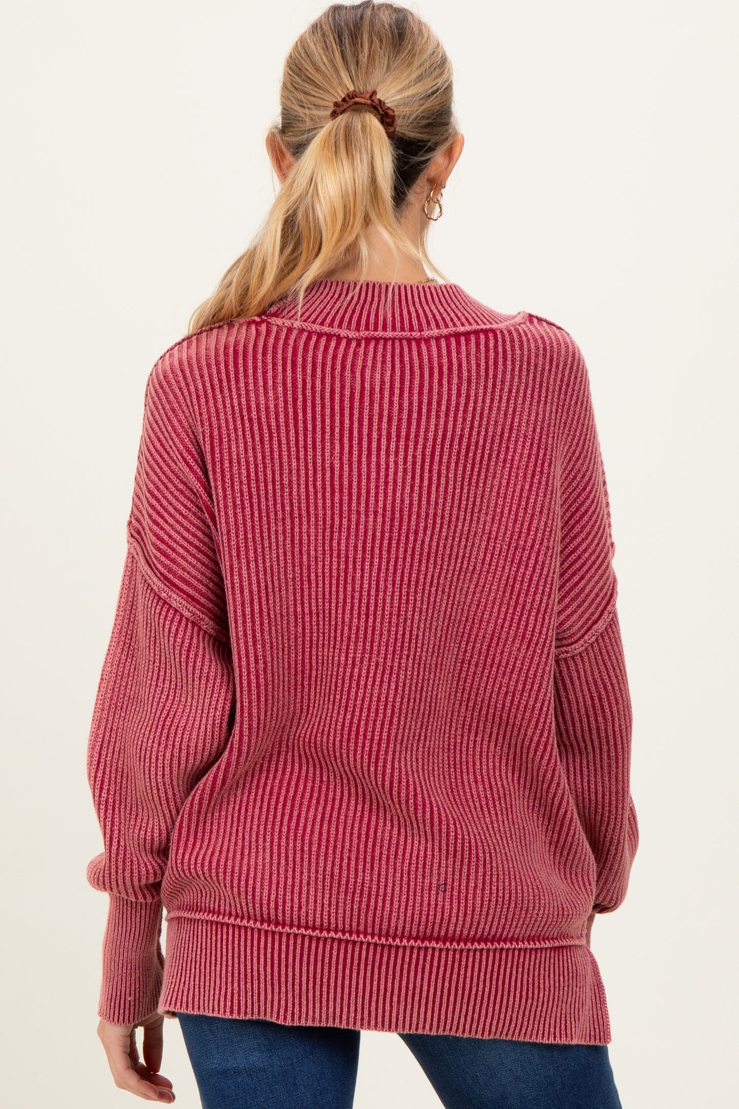 Burgundy Washed Side Slit Oversized Maternity Sweater