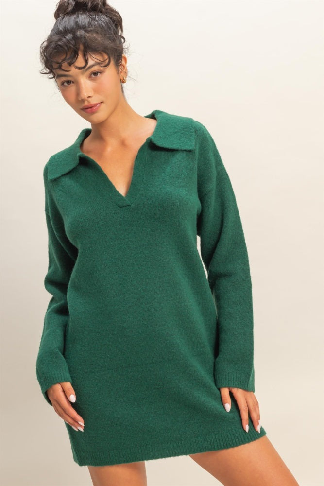 Forest Green Long Sleeve Polo Sweater Dress