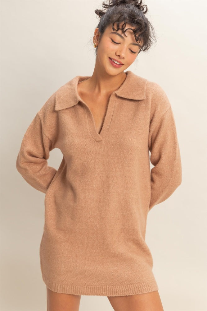 Camel Long Sleeve Polo Maternity Sweater Dress