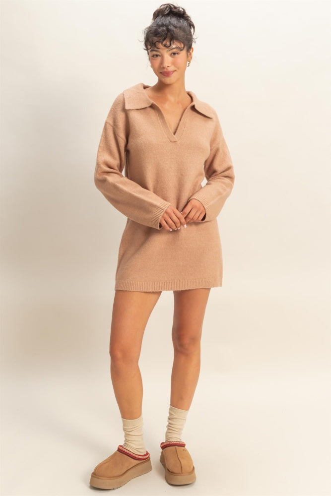 Camel Long Sleeve Polo Sweater Dress