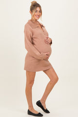 Camel Long Sleeve Polo Maternity Sweater Dress