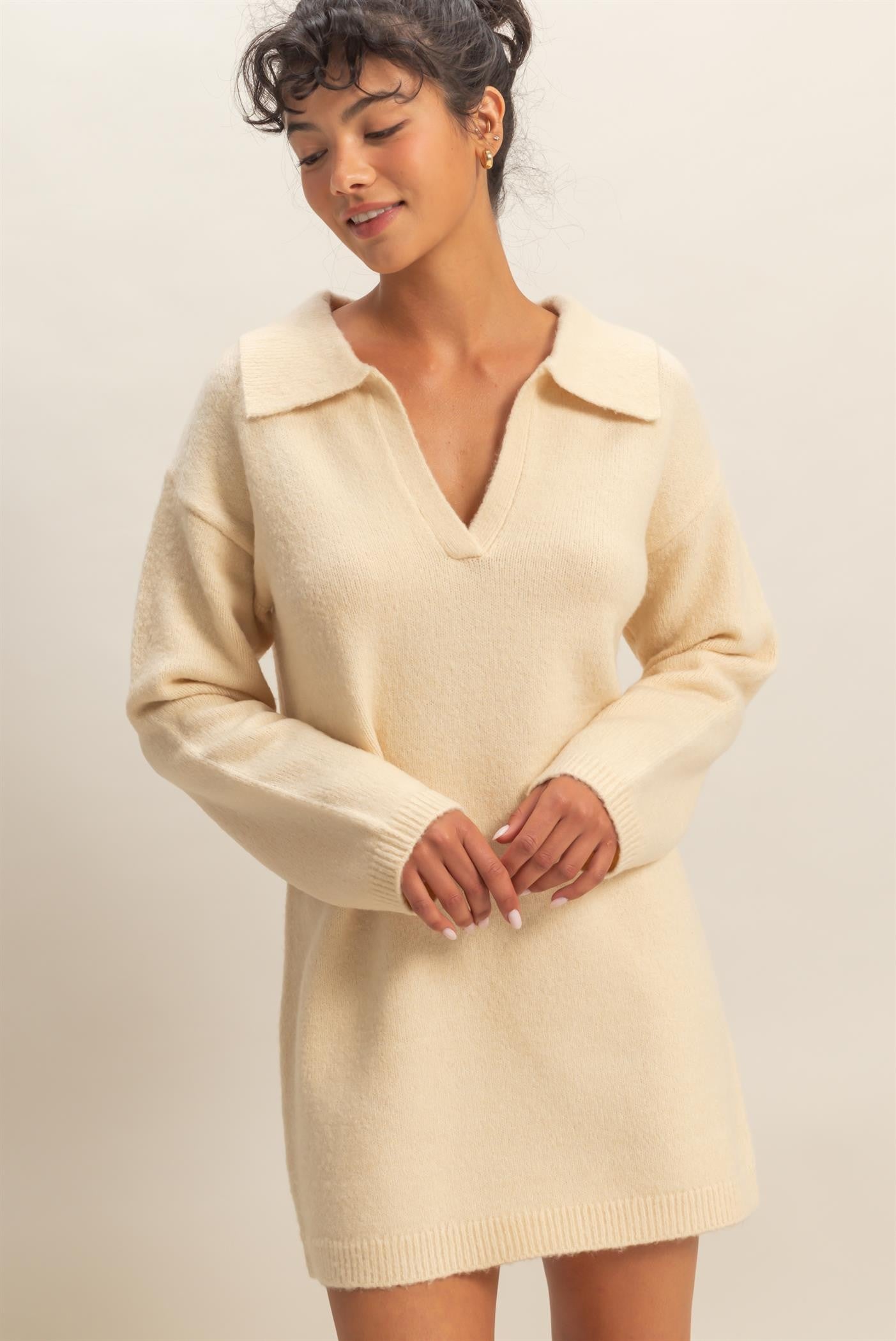 Cream Long Sleeve Polo Sweater Dress