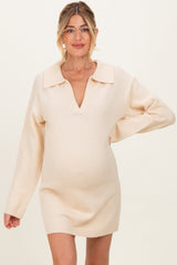 Cream Long Sleeve Polo Maternity Sweater Dress