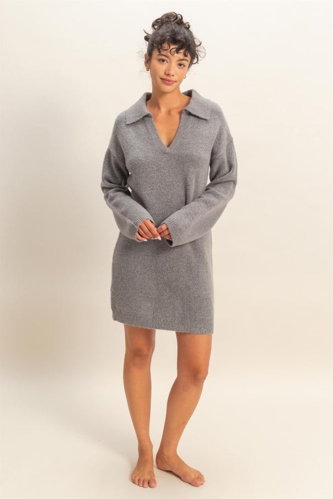 Heather Grey Long Sleeve Polo Sweater Dress