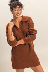 Brown Long Sleeve Polo Maternity Sweater Dress