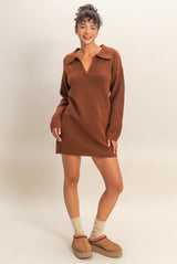 Brown Long Sleeve Polo Sweater Dress