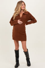 Brown Long Sleeve Polo Maternity Sweater Dress