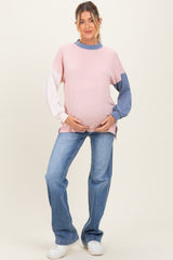 Pink Ribbed Colorblock Maternity Side Slit Top