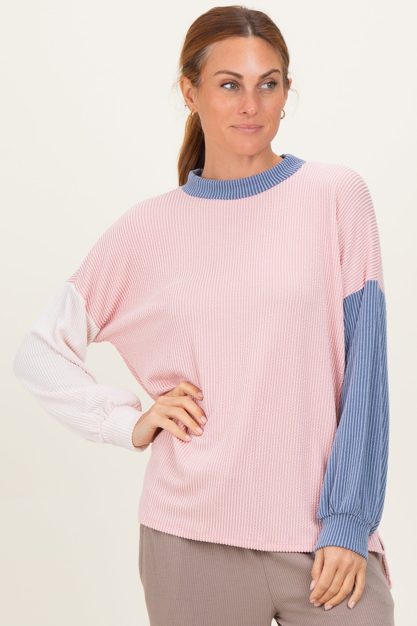 Pink Ribbed Colorblock Maternity Side Slit Top