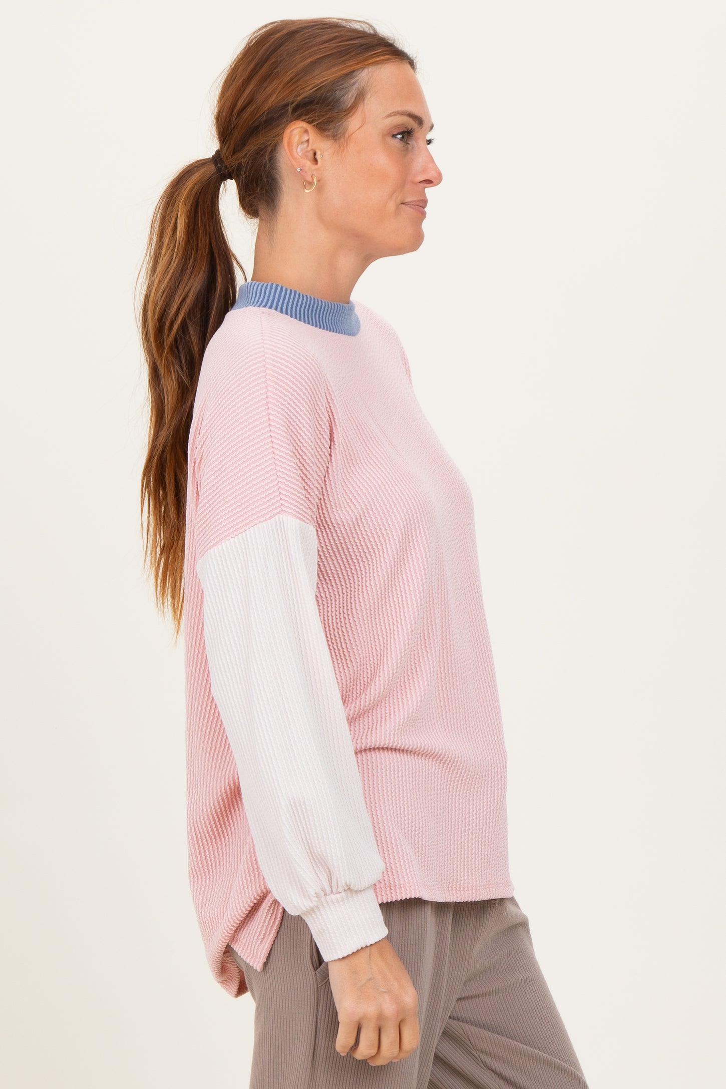 Pink Ribbed Colorblock Side Slit Top