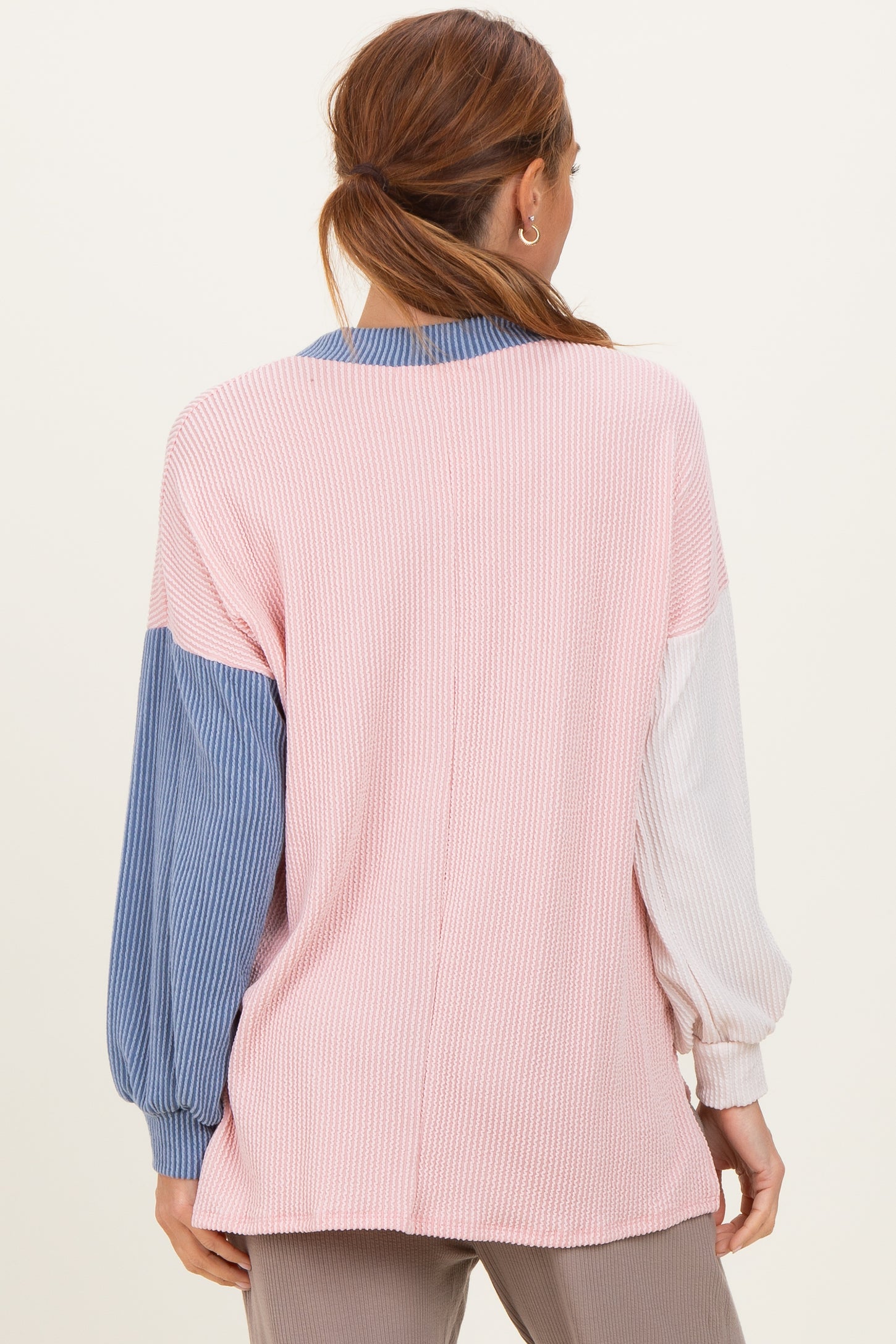 Pink Ribbed Colorblock Side Slit Top