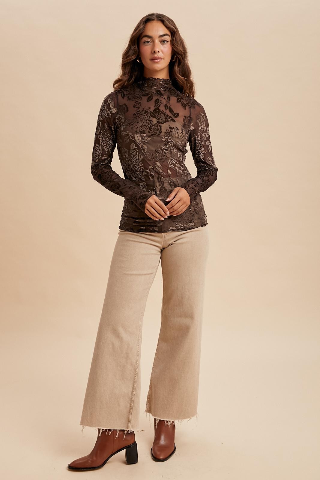Brown Floral Velvet Mesh Long Sleeve Top