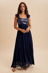Navy Chiffon Sequin Bodice Maternity Maxi Dress