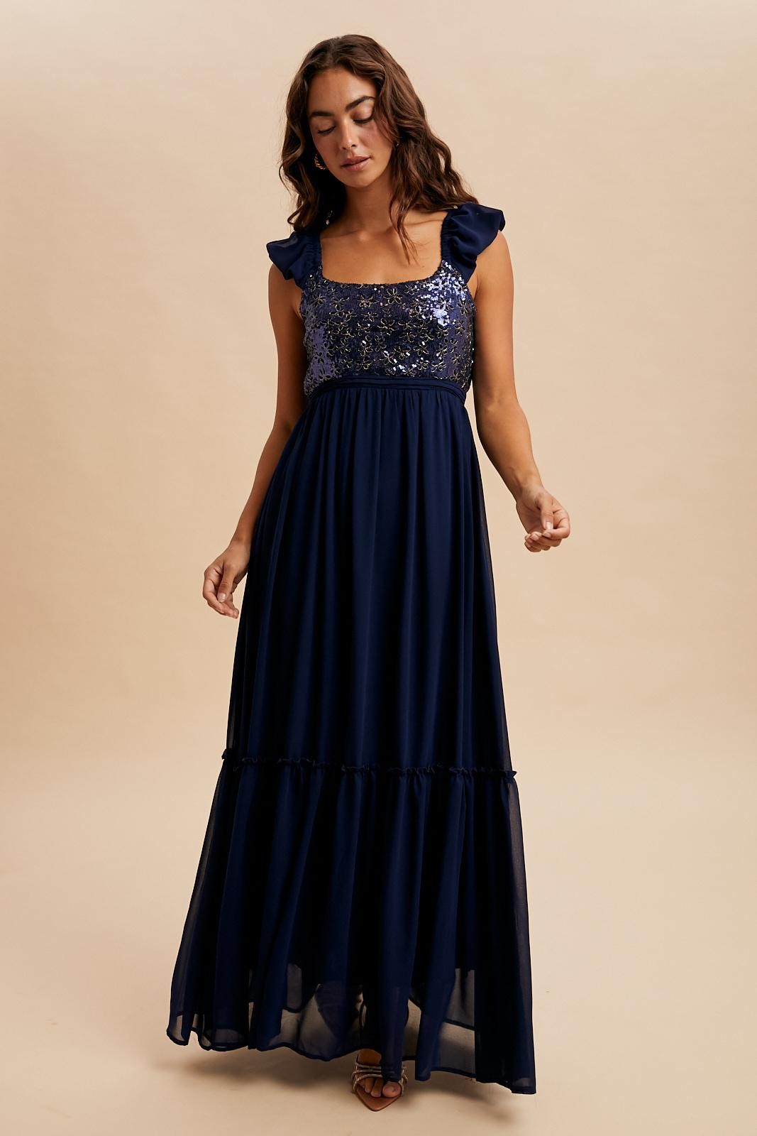 Navy Chiffon Sequin Bodice Maternity Maxi Dress