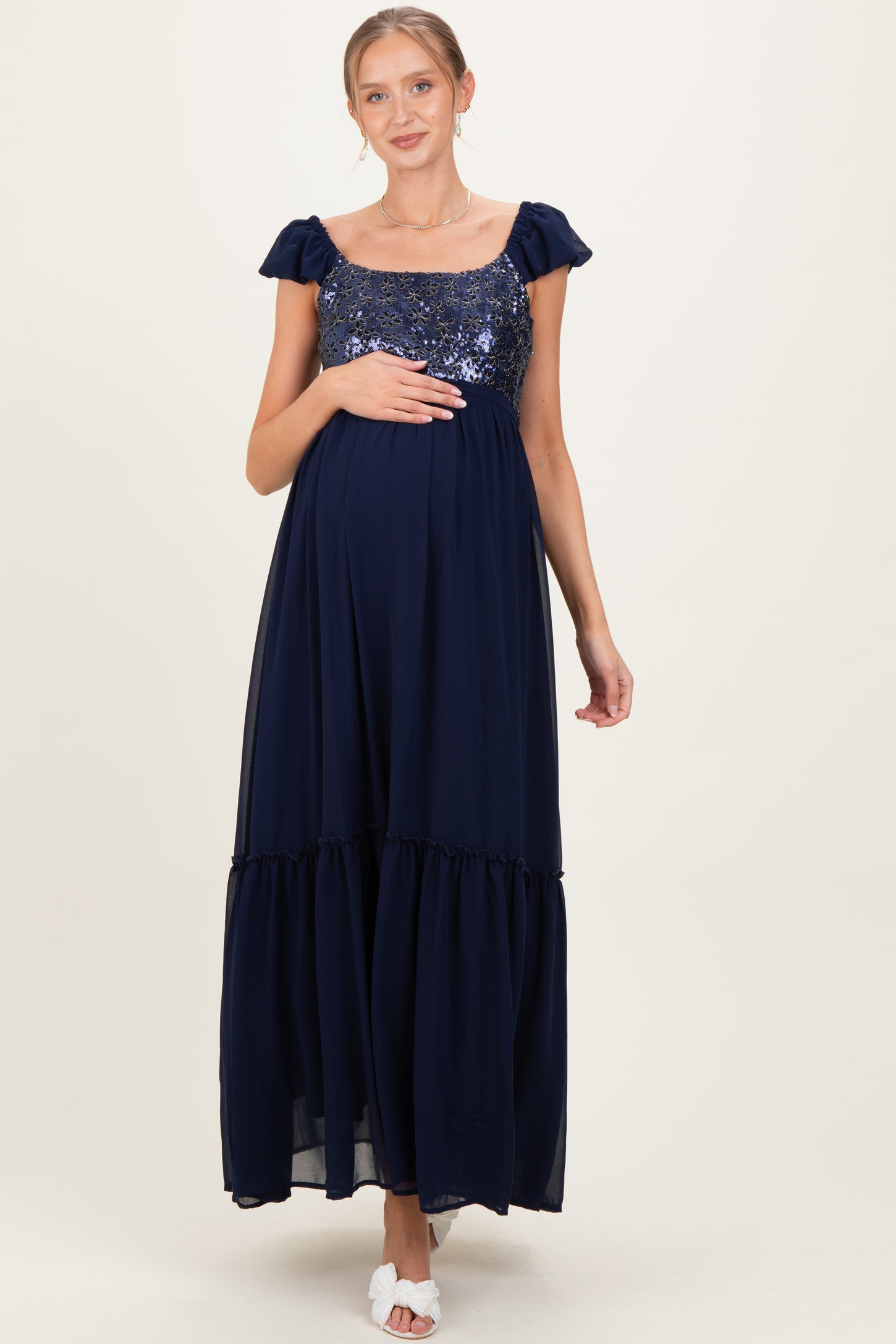 Navy Chiffon Sequin Bodice Maternity Maxi Dress