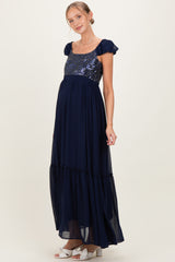 Navy Chiffon Sequin Bodice Maternity Maxi Dress