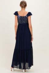 Navy Chiffon Sequin Bodice Maternity Maxi Dress