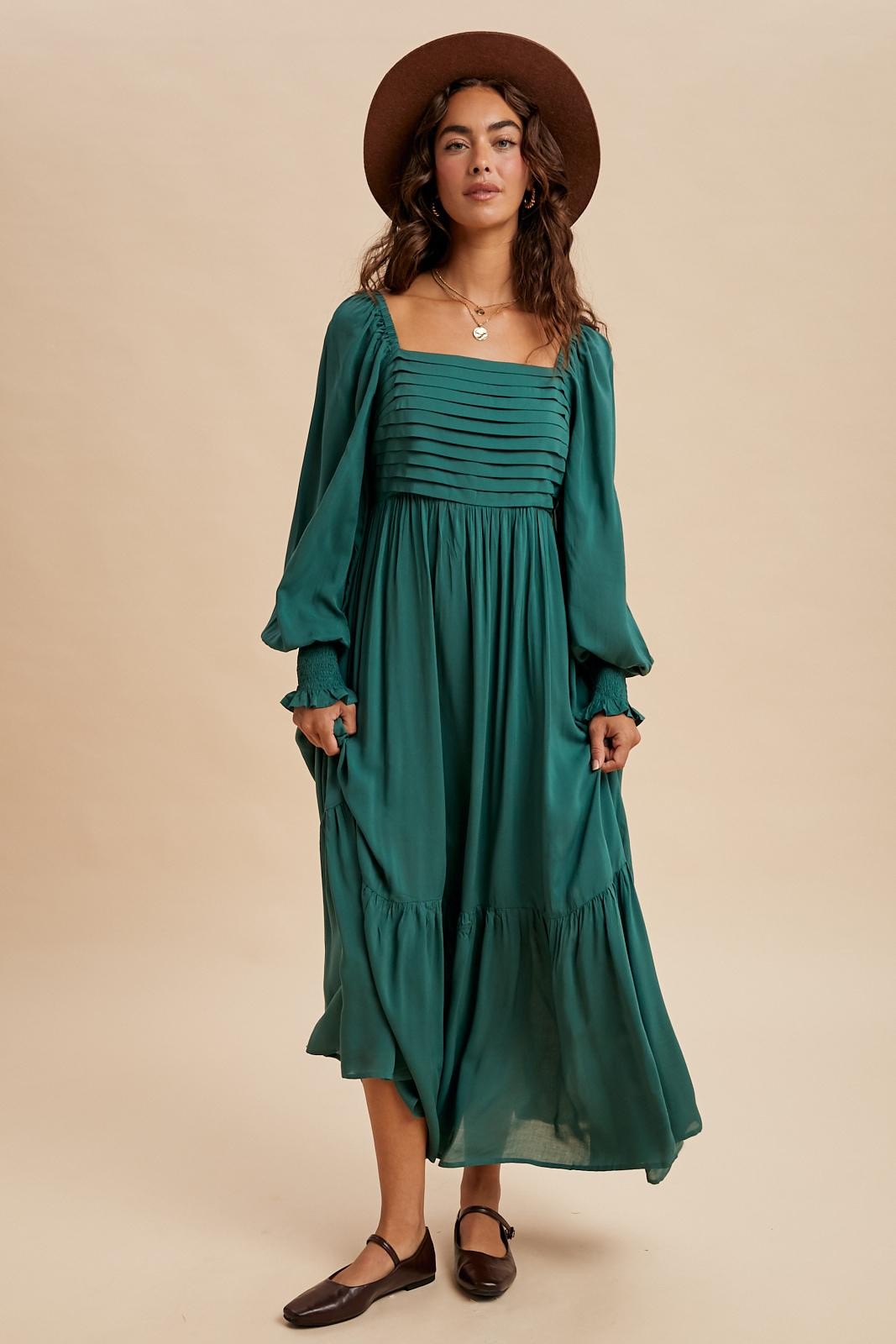 Forest Green Pleated Bodice Long Sleeve Maternity Maxi Dress