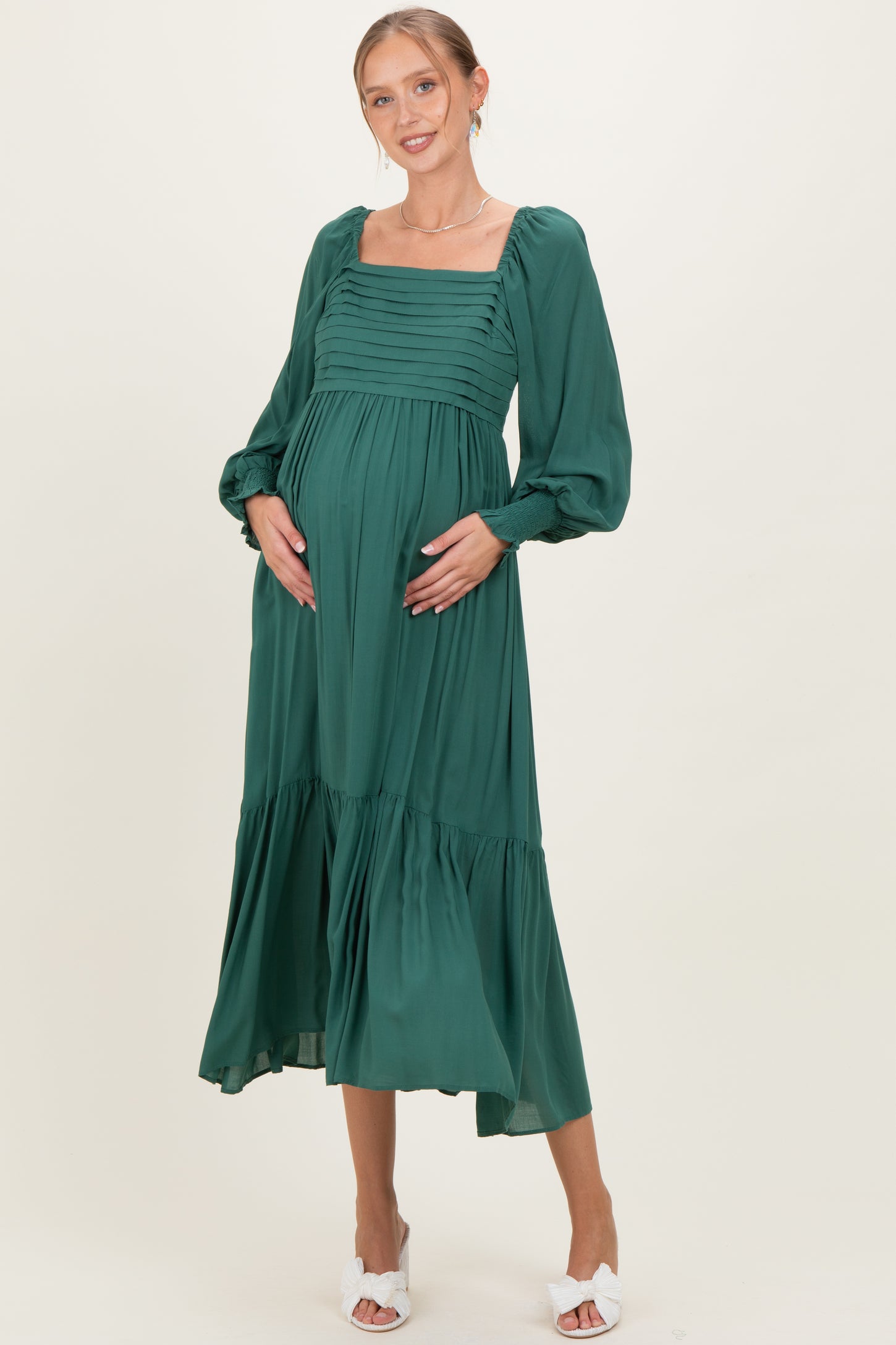 Forest Green Pleated Bodice Long Sleeve Maternity Maxi Dress