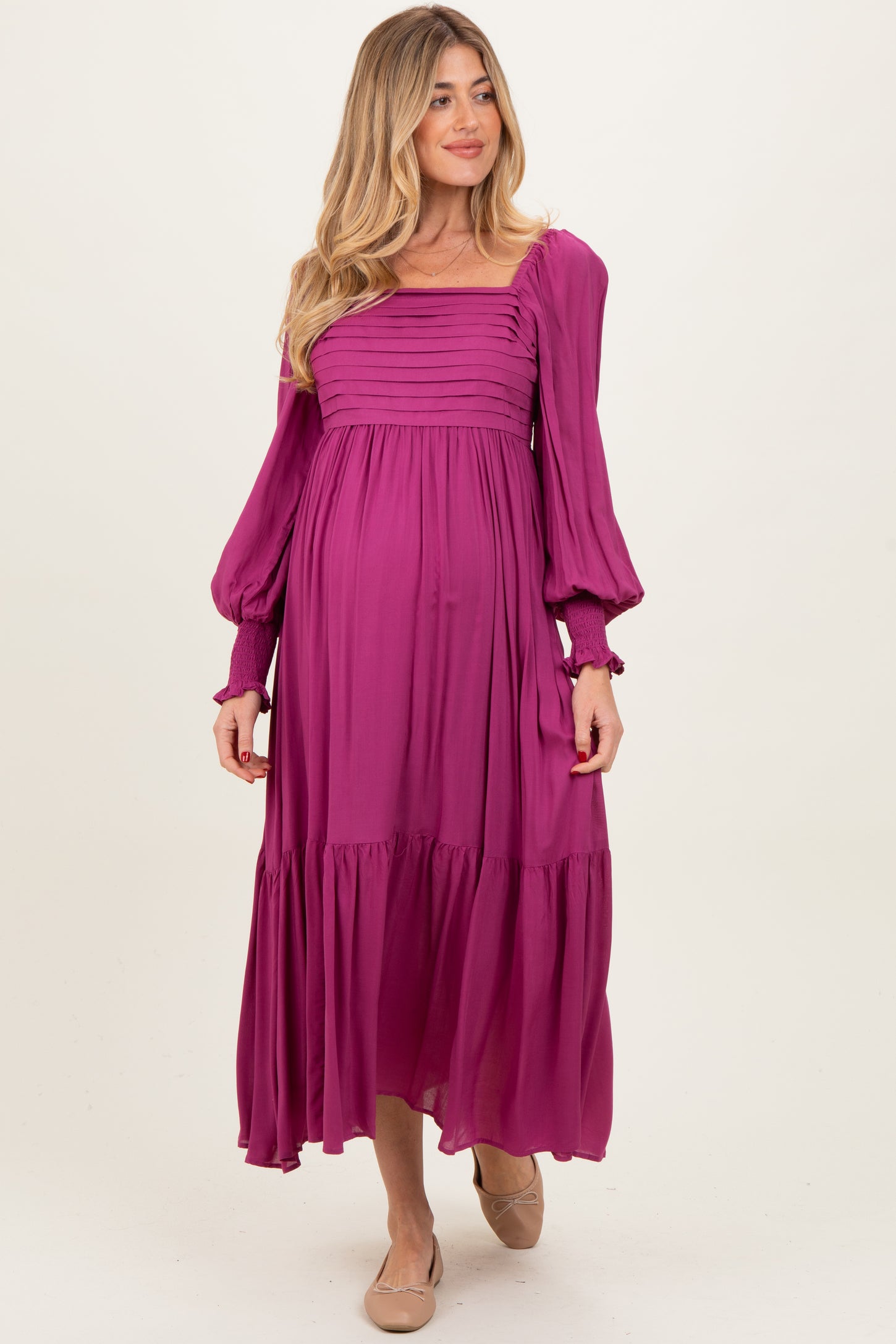 Magenta Pleated Bodice Long Sleeve Maternity Maxi Dress