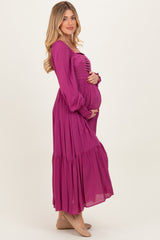 Magenta Pleated Bodice Long Sleeve Maternity Maxi Dress