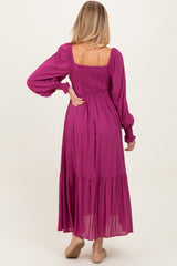 Magenta Pleated Bodice Long Sleeve Maternity Maxi Dress