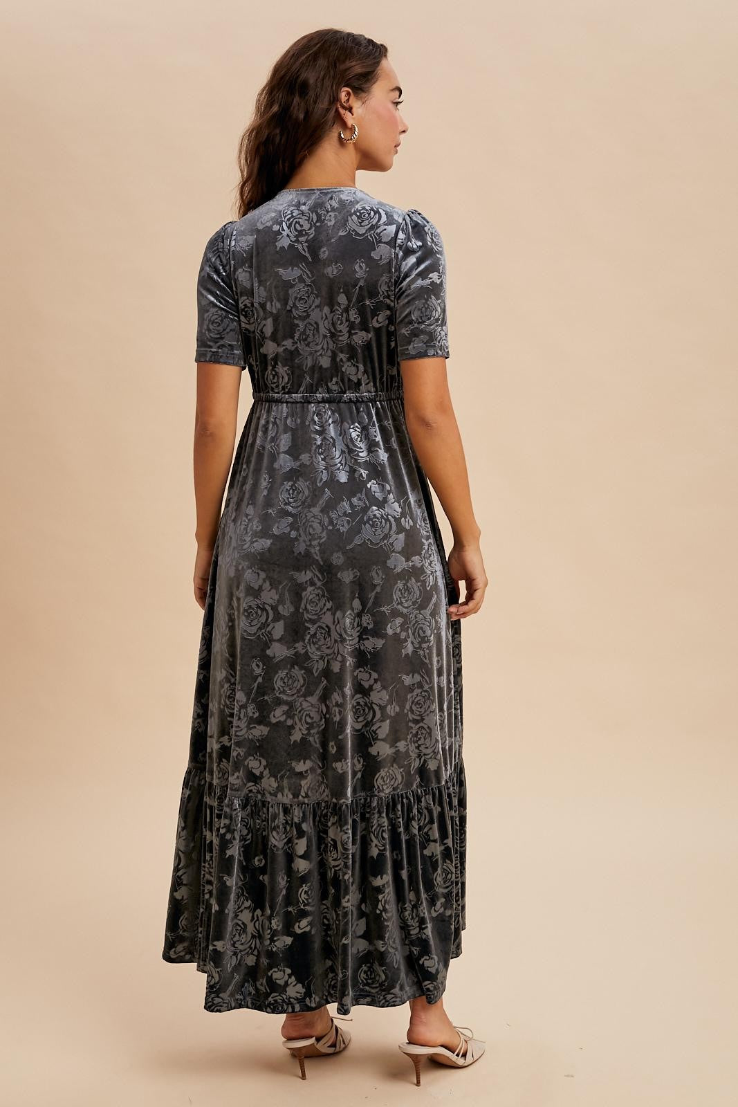 Blue Grey Velvet Floral Button Down Maxi Dress