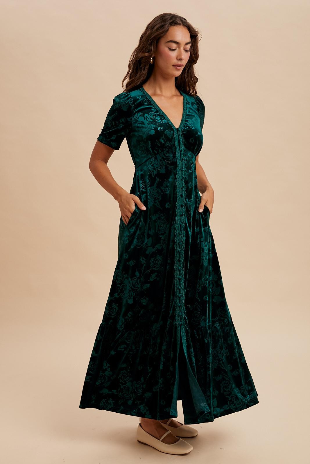 Forest Green Velvet Floral Button Down Maxi Dress