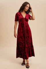 Burgundy Velvet Floral Button Down Maxi Dress