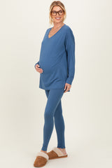 Blue Brushed Knit Maternity Oversized Top and Legging Set