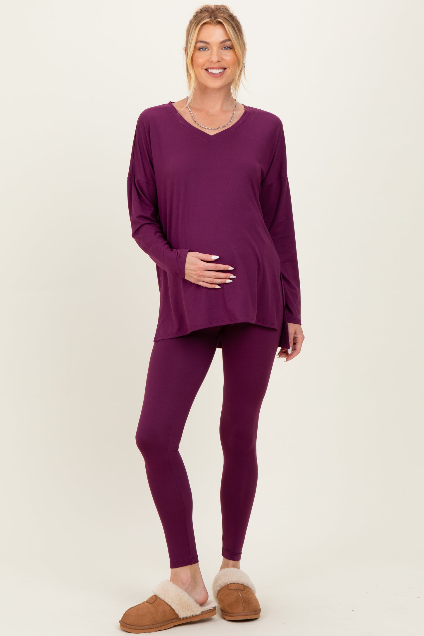 Plum Brushed Knit Maternity Oversized Top and Legging Set
