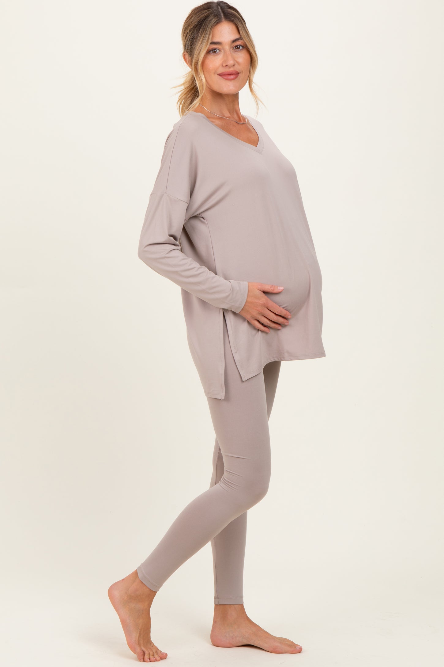 Beige Brushed Knit Maternity Oversized Top and Legging Set