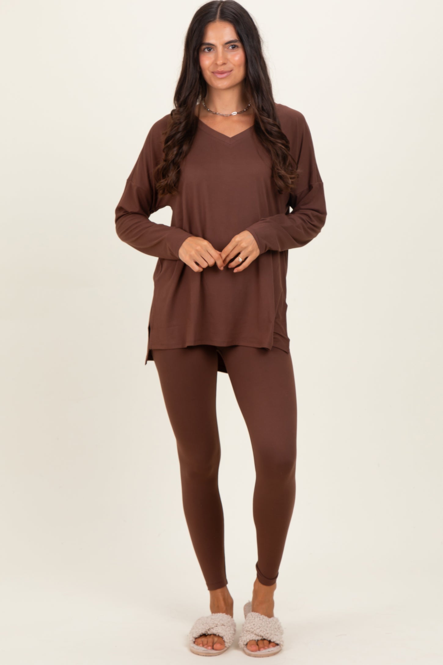 Brown Brushed Knit Oversized Top and Legging Set