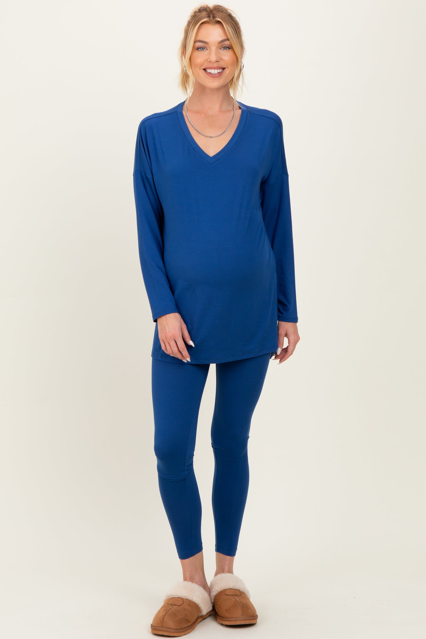 Navy Brushed Knit Maternity Oversized Top and Legging Set
