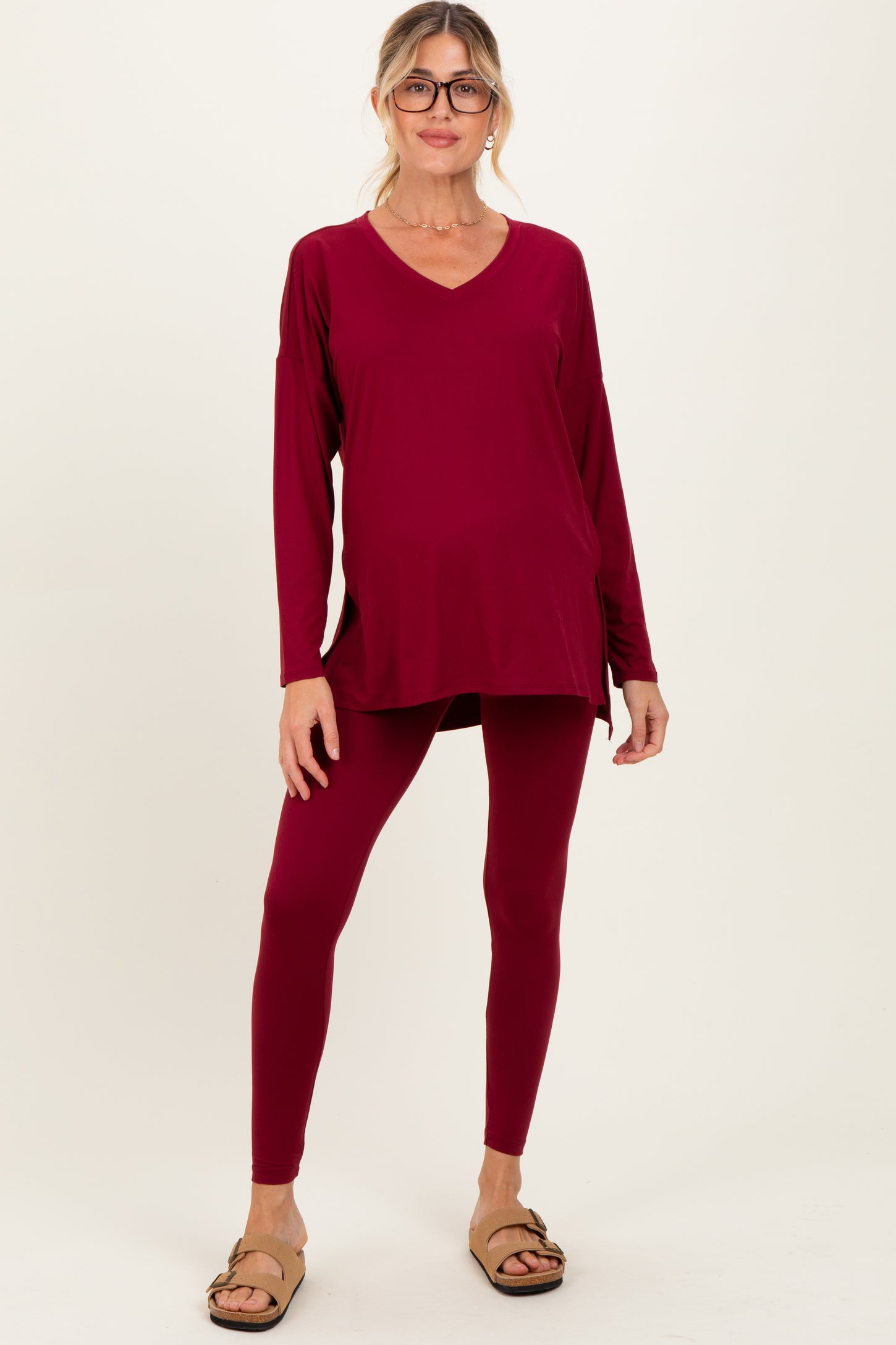 Burgundy Brushed Knit Maternity Oversized Top and Legging Set