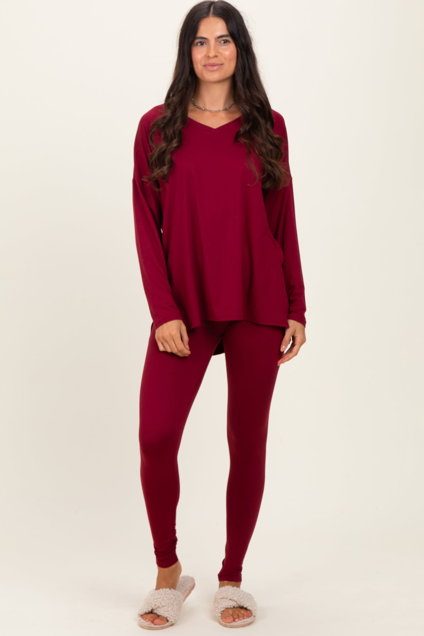 Burgundy Brushed Knit Oversized Top and Legging Set