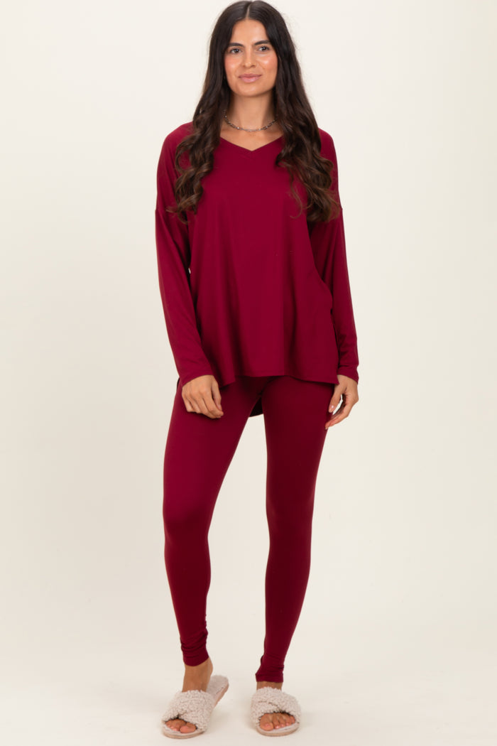 Burgundy Brushed Knit Maternity Oversized Top and Legging Set